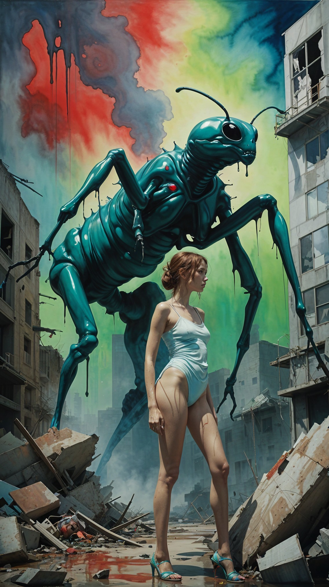 Giant Teal Insect and Woman in Surreal Landscape