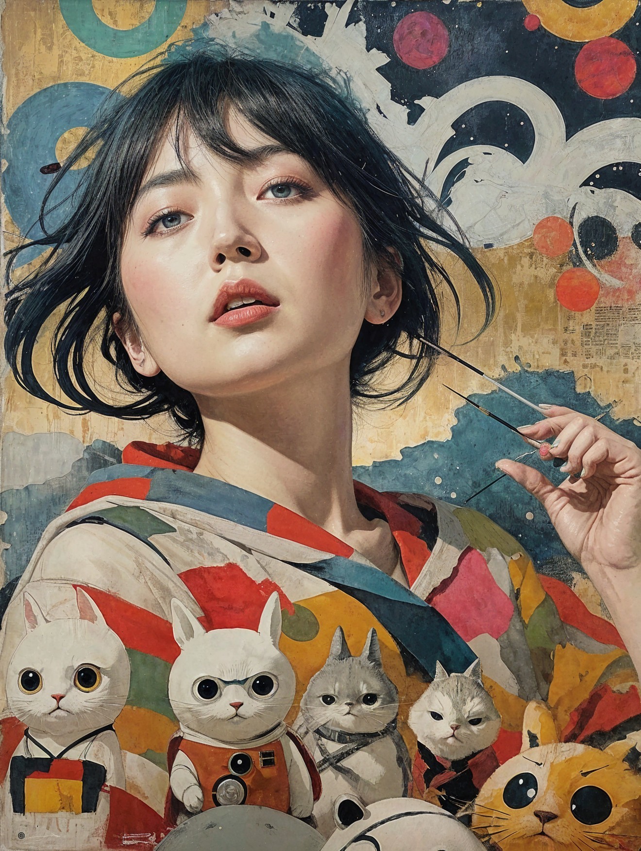 Young woman with abstract background and playful animals