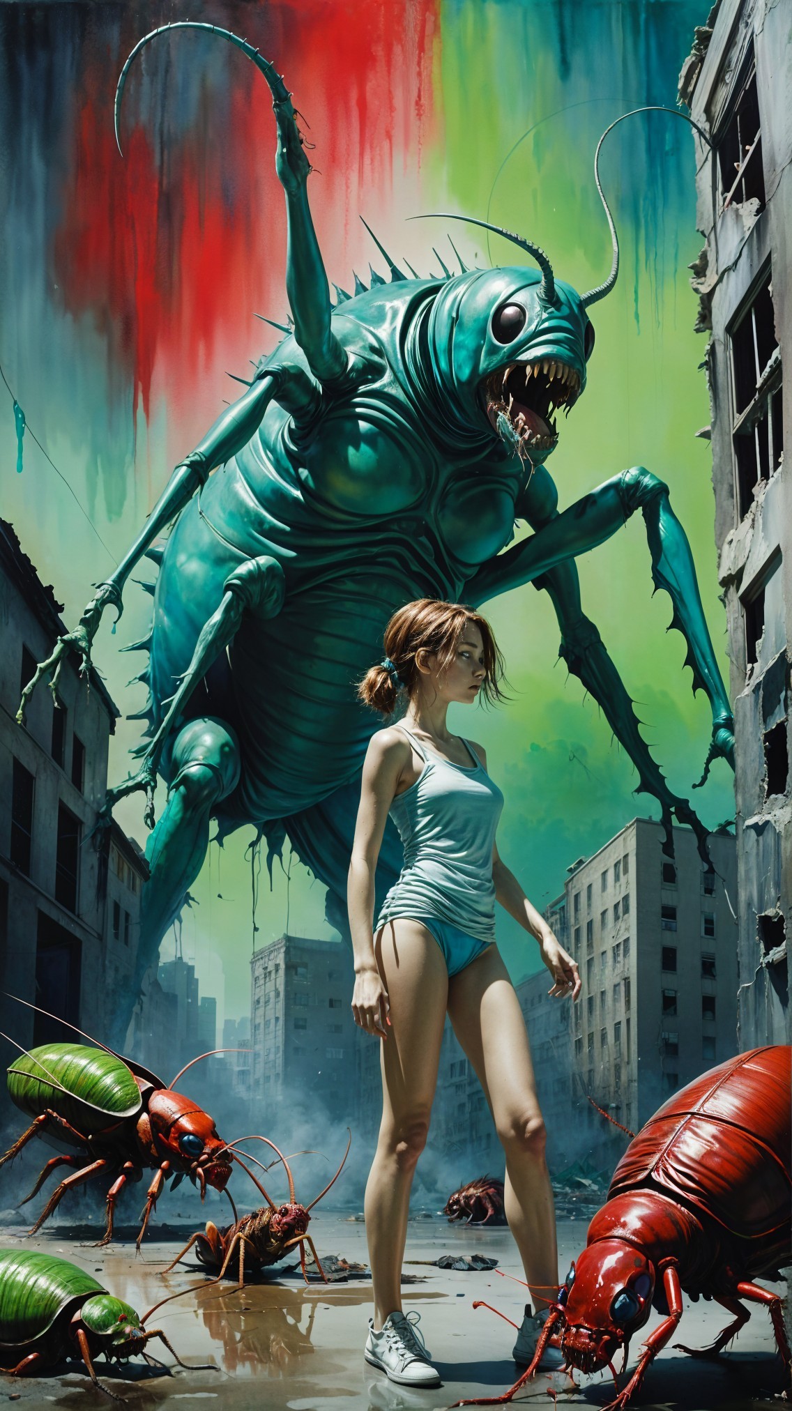 Surreal Scene of Woman and Giant Insect in Urban Decay