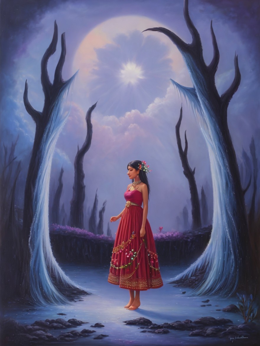 Woman in Red Dress in Mystical Landscape at Night