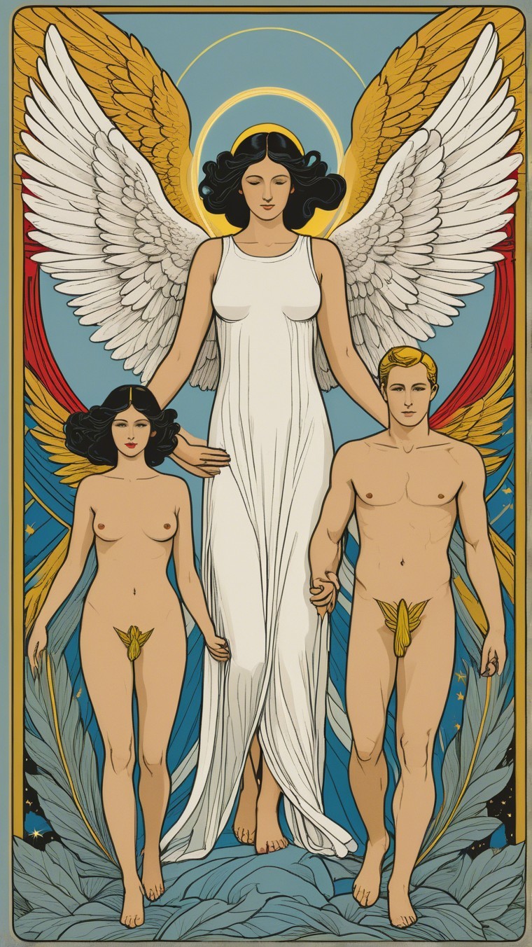 Majestic angel with detailed wings and celestial figures