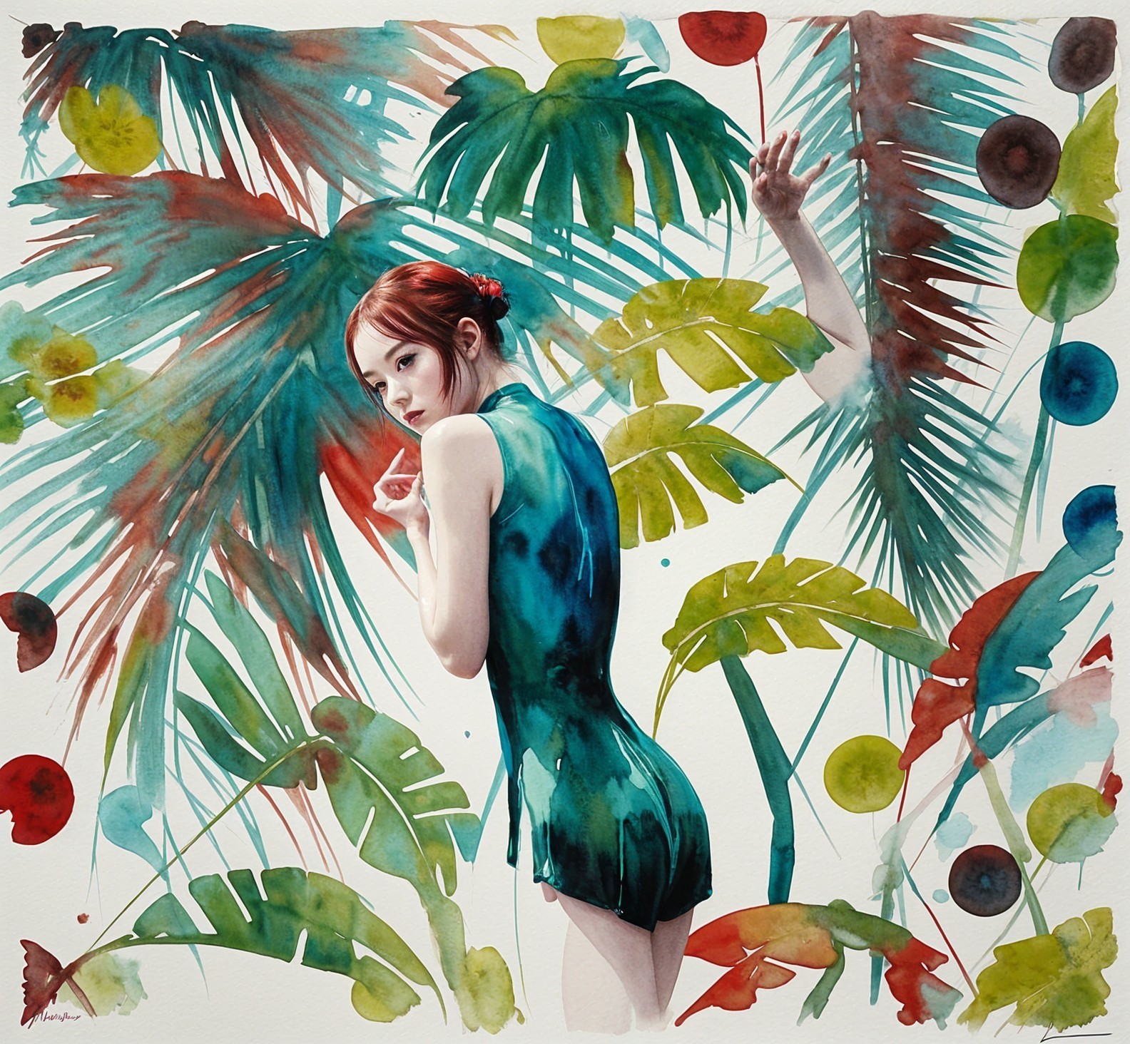 Woman with Red Hair in Tropical Watercolor Scene
