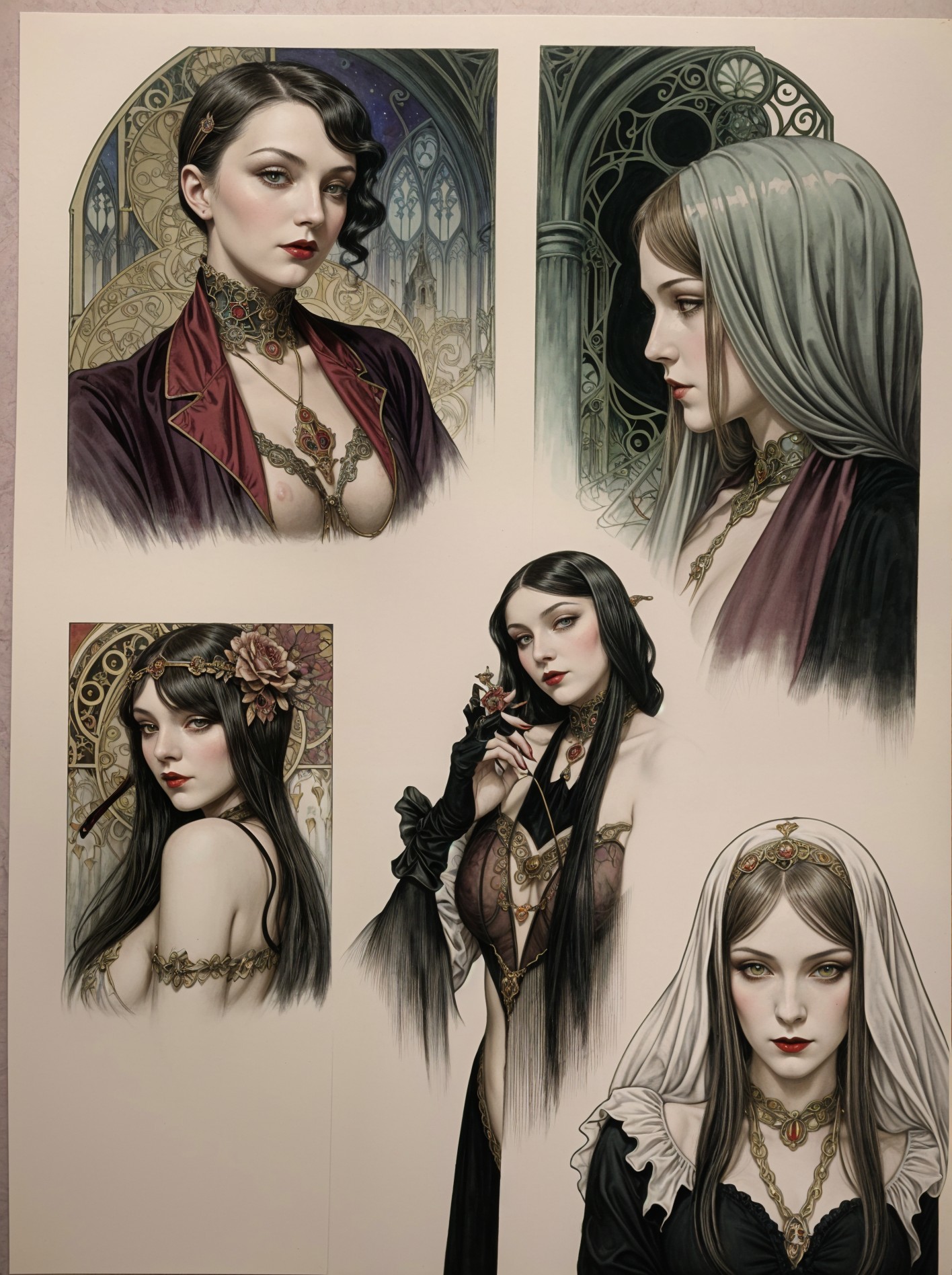 Art Nouveau Portraits of Women with Intricate Jewelry