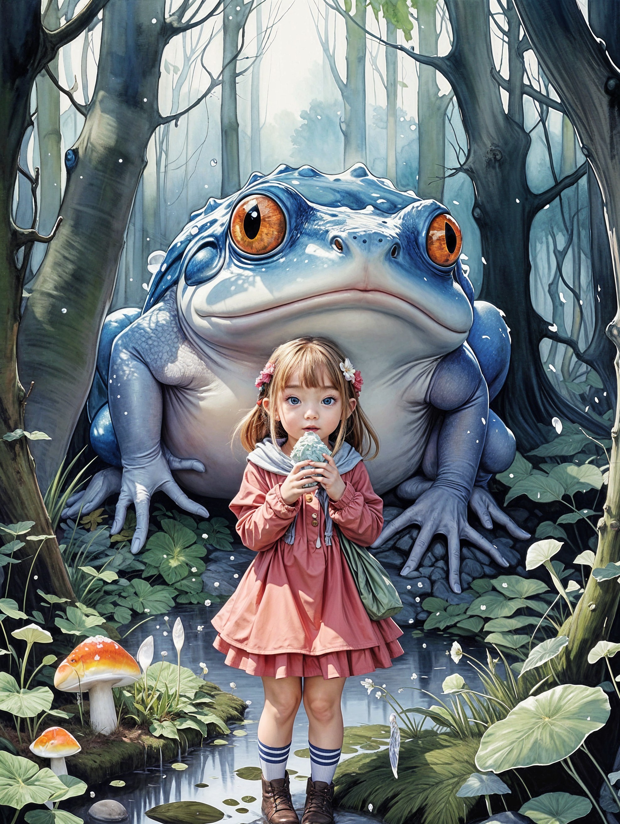 Young girl with ice cream and giant blue toad in forest