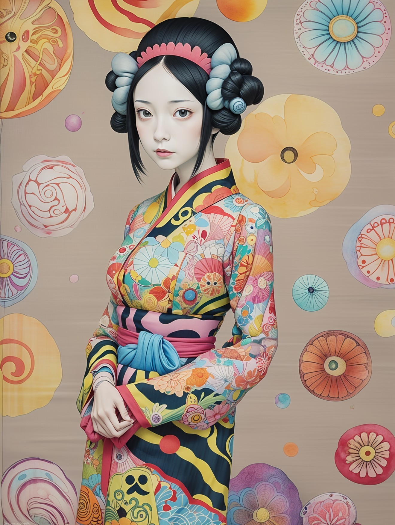 Young Woman in Vibrant Floral Kimono with Hairpieces