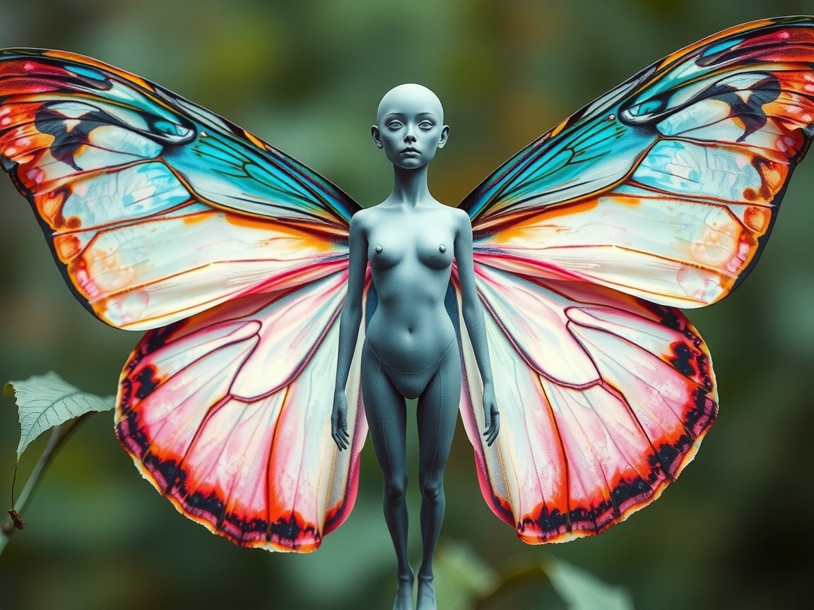 Surreal humanoid figure with butterfly wings and calm expression