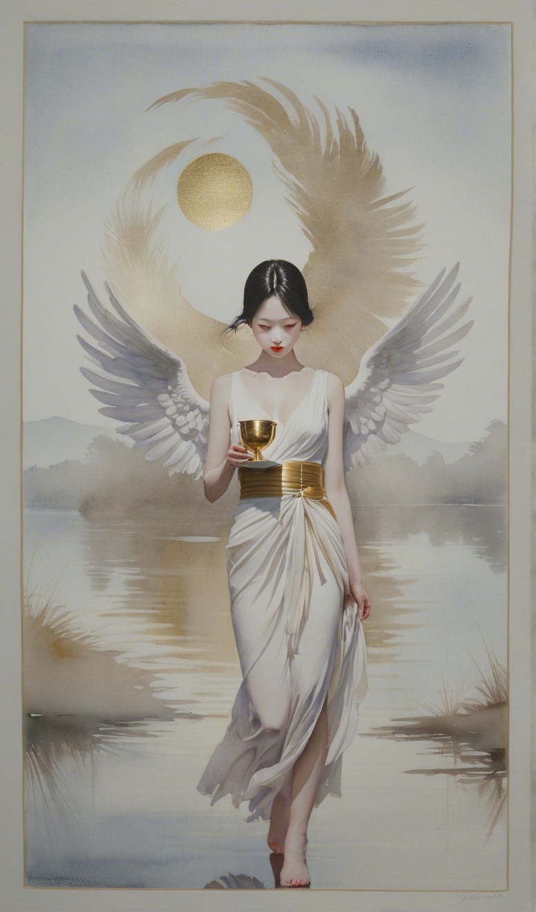 Woman with Wings in Serene Water Landscape
