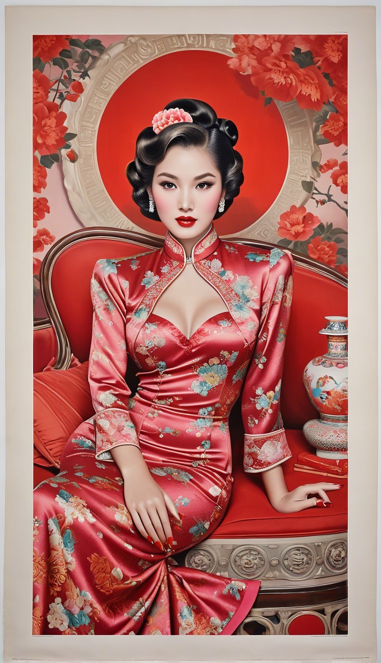 Glamorous Woman in Red Silk Cheongsam Artwork