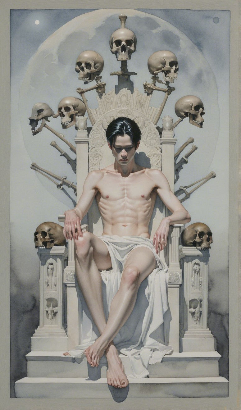 Serene Figure on Throne with Skulls and Moon Backdrop