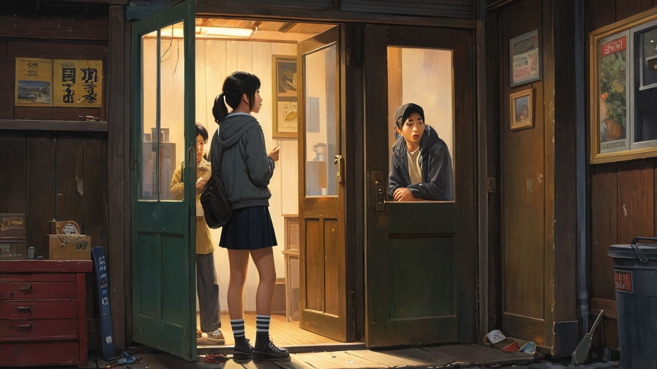 School Uniforms in Dimly Lit Doorway Scene