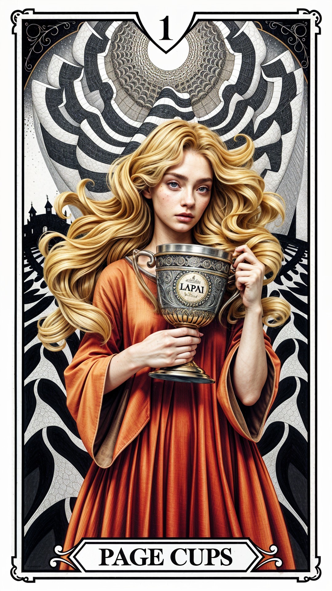 Mystical Illustration of Page of Cups with Surreal Background