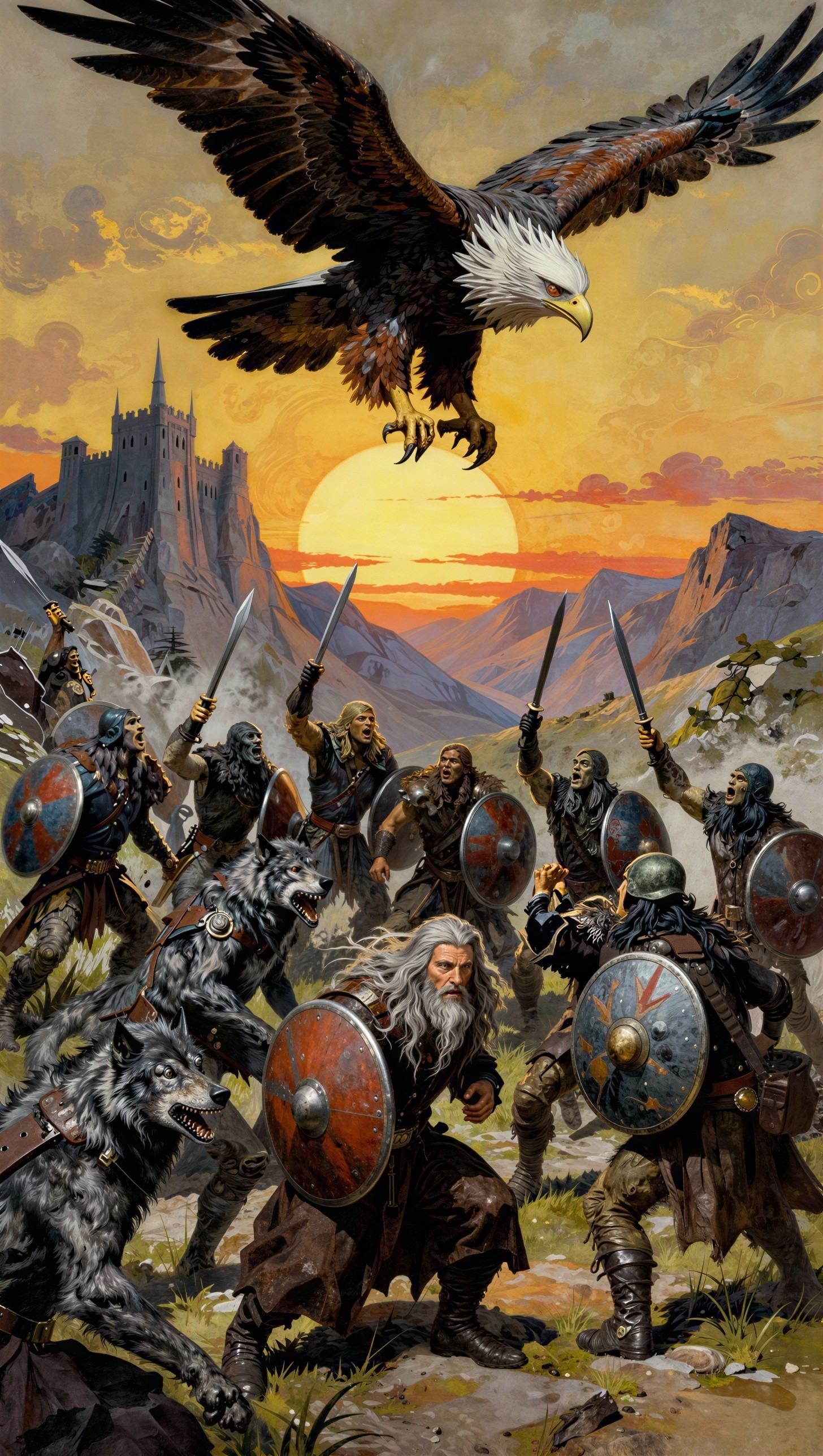 Fantasy Painting of Eagle and Medieval Battle Scene