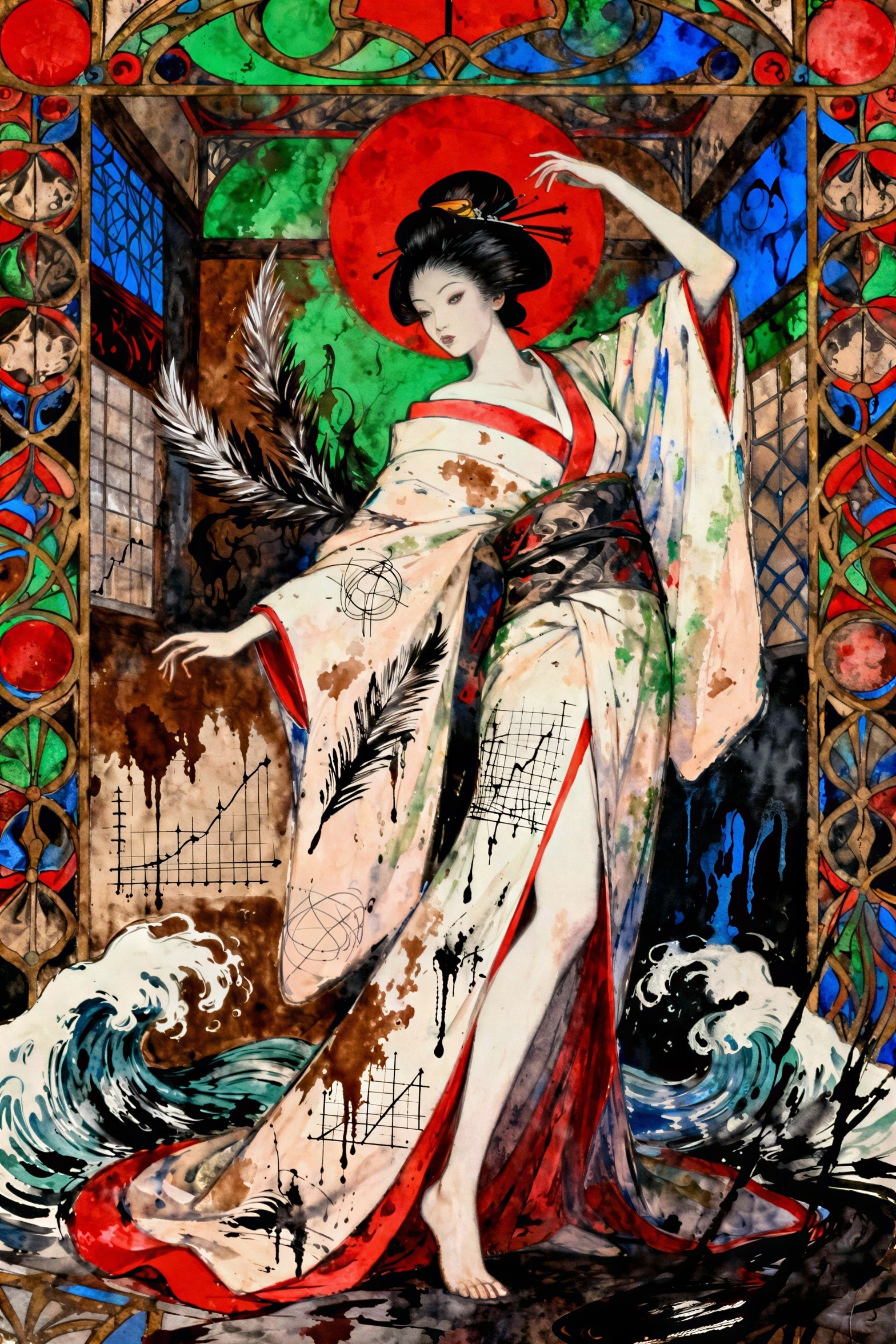 Japanese Geisha in White Kimono with Dynamic Pose