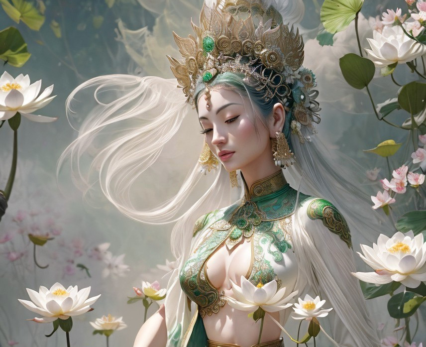 Ethereal woman with white hair in green and gold headdress among lotus flowers
