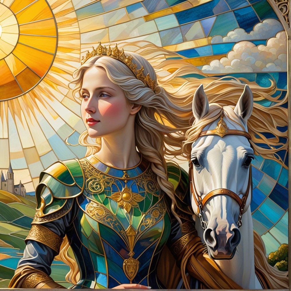 Regal Woman in Armor with White Horse and Stained Glass