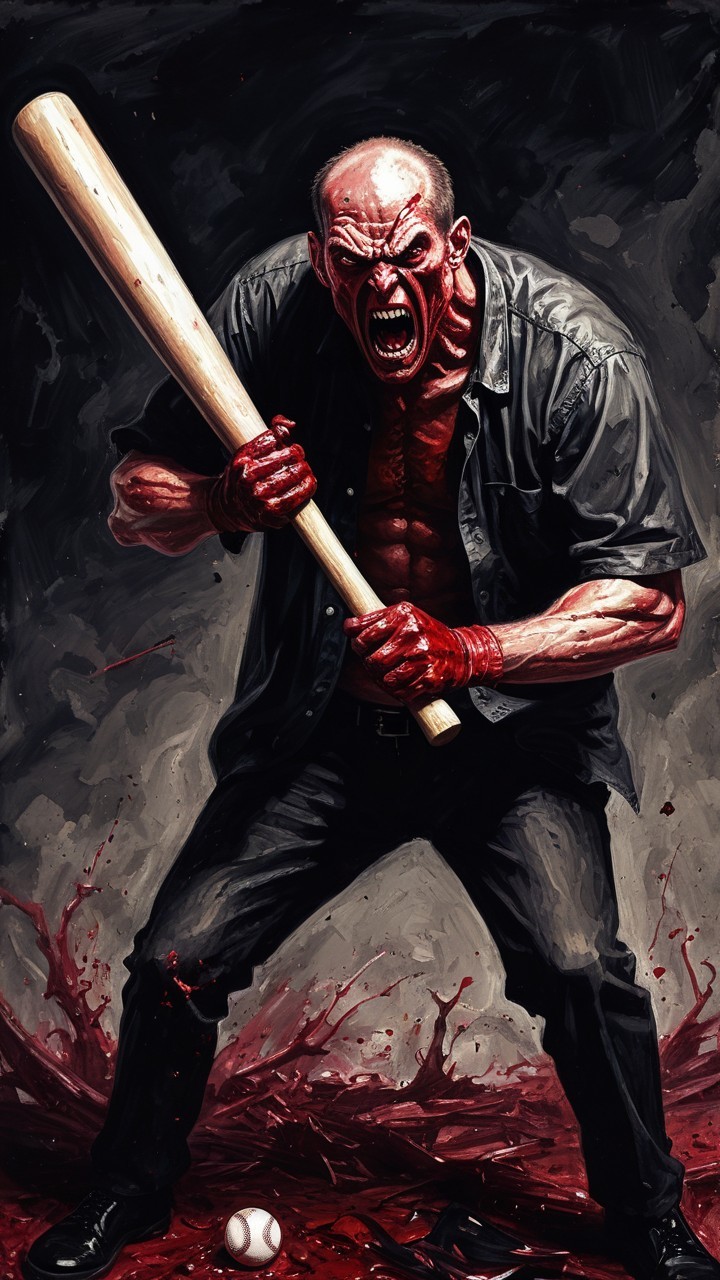 Muscular Figure Wielding Bat in Blood-Soaked Scene