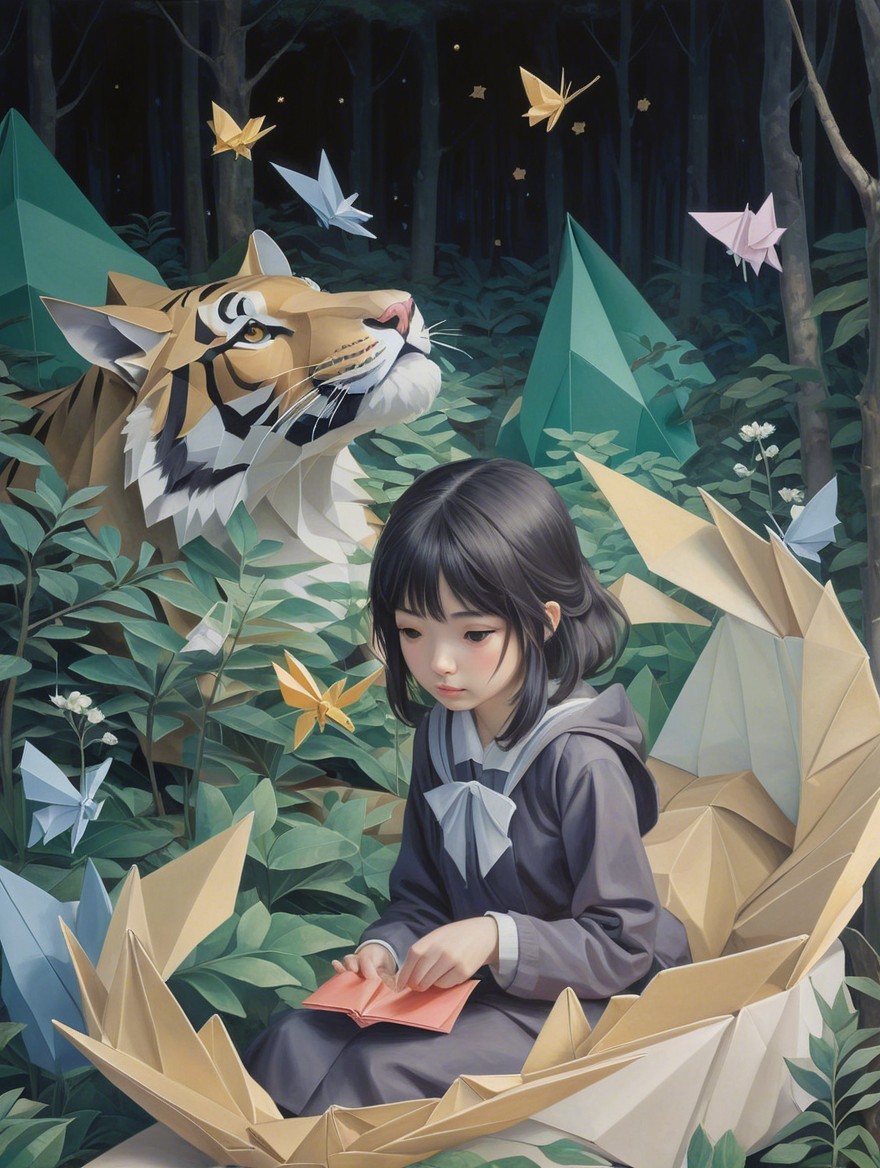 Young girl reading in a mystical forest with a tiger