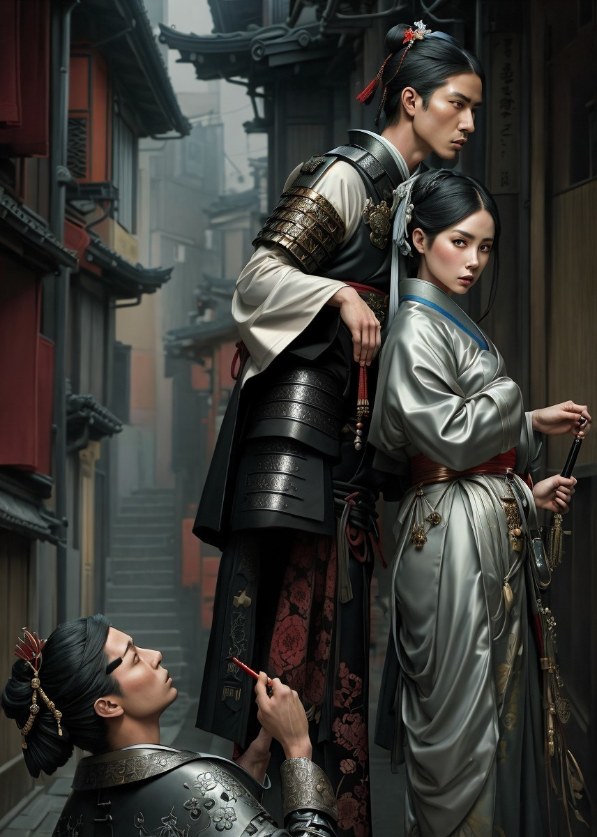 Figures in Historic Alley with Sword and Armor