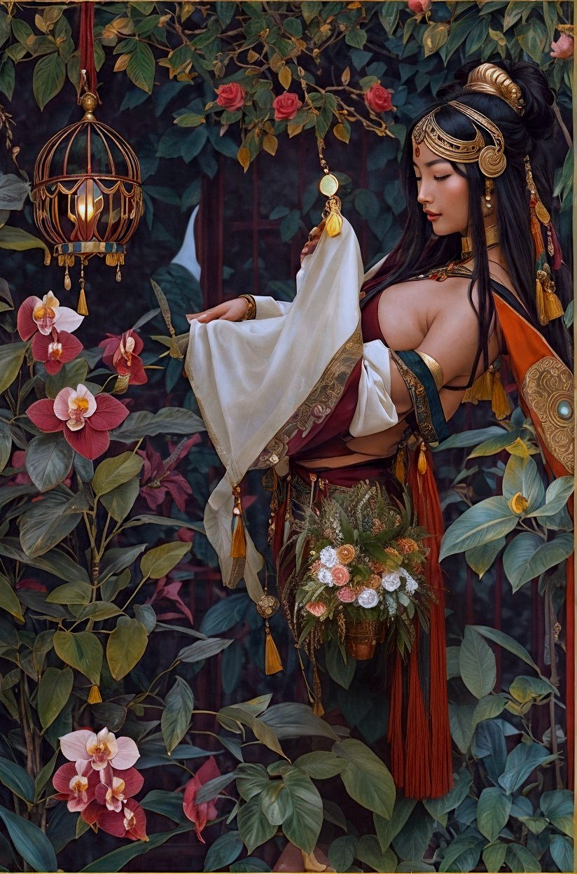 Historical attire woman with lantern in lush flora