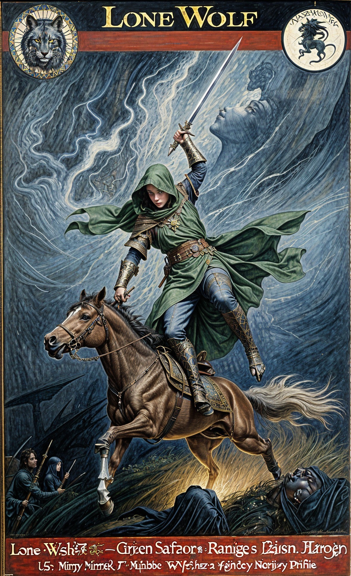Heroic Figure in Green Attire on Galloping Horse