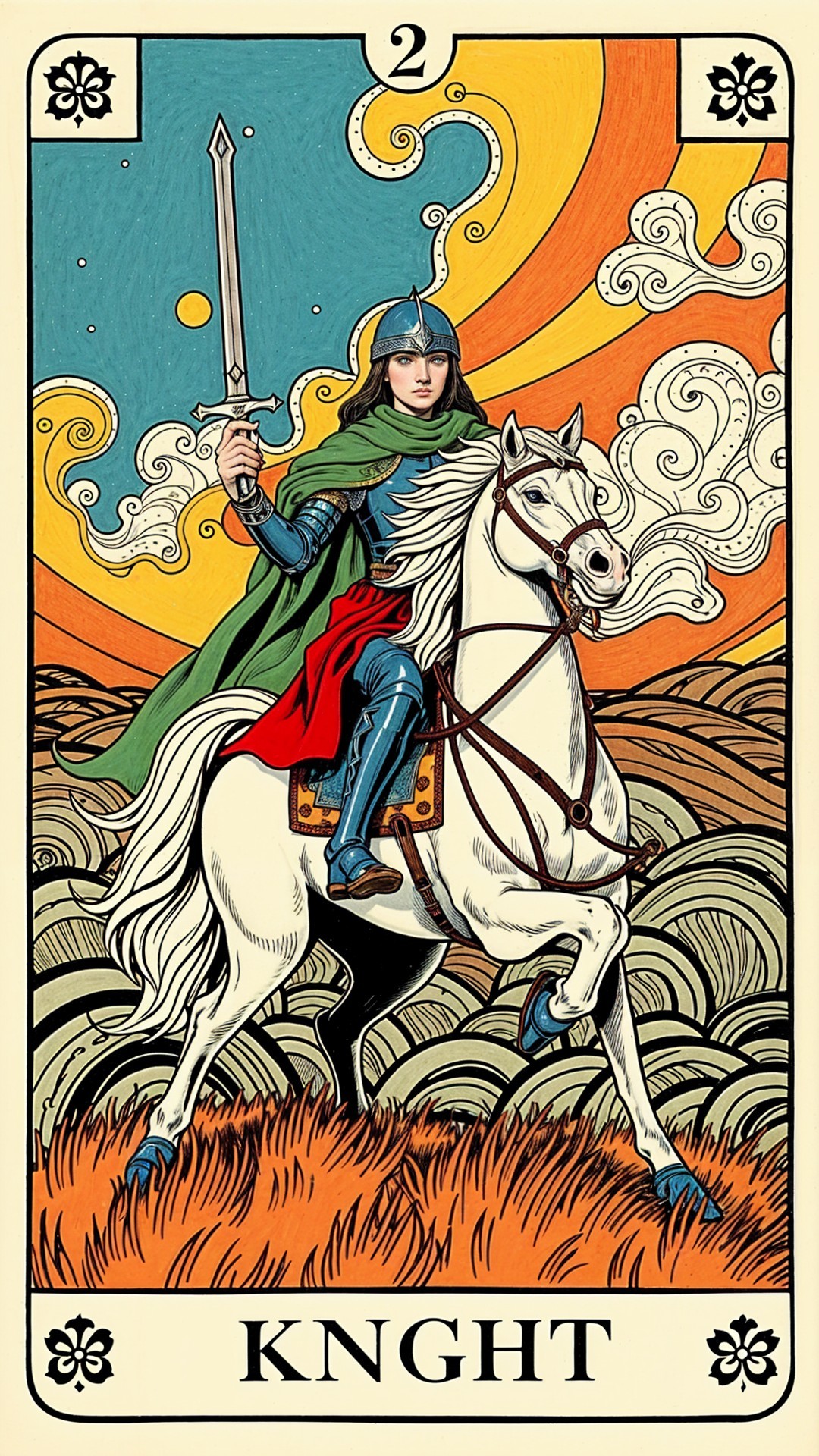 Knight on White Horse in Colorful Adventure Scene