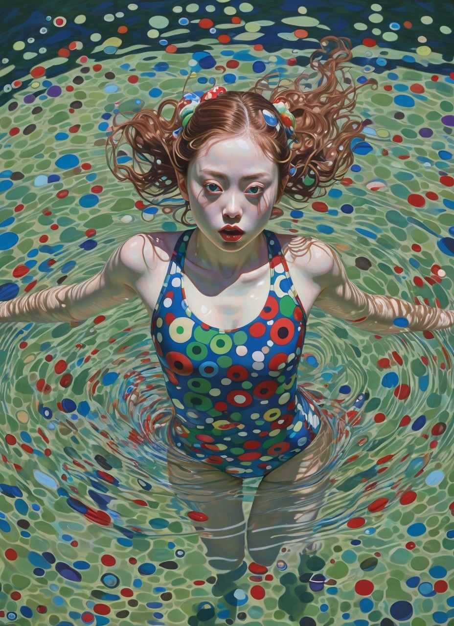 Girl in Colorful Swimming Pool with Pigtails and Swimsuit