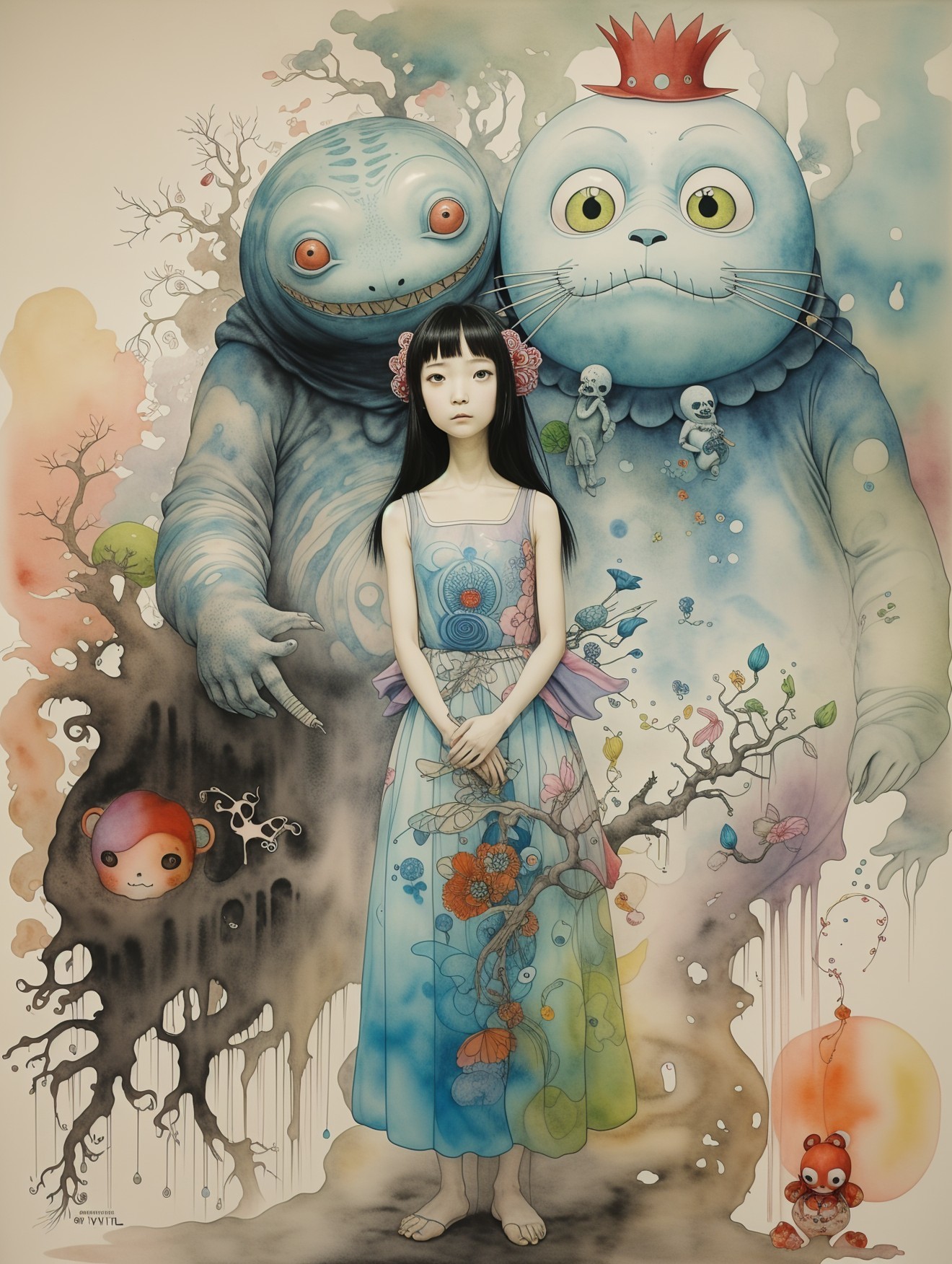 Young girl with whimsical creatures in vibrant scene