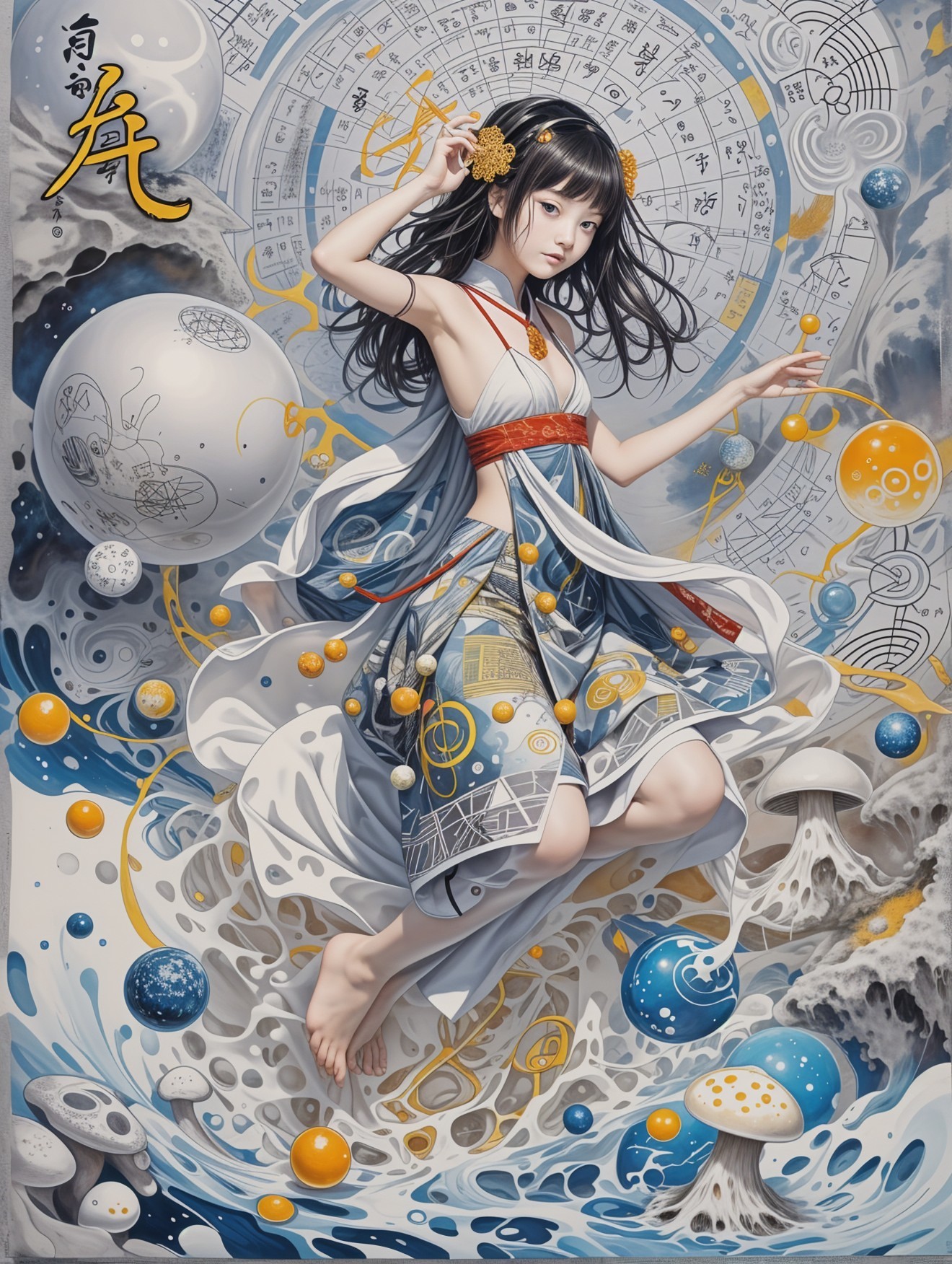 Young woman in flowing dress among mystical orbs