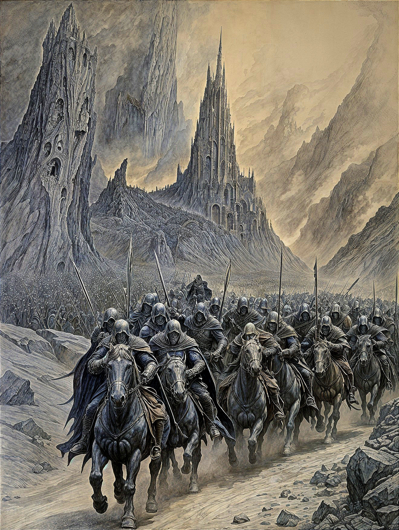 Armored Knights in Dark Eerie Landscape with Castle