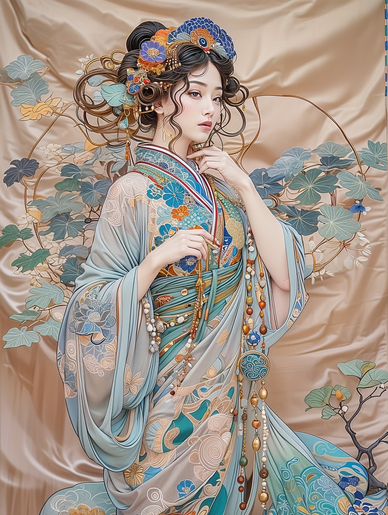 Traditional Kimono with Floral Patterns and Pastel Backdrop