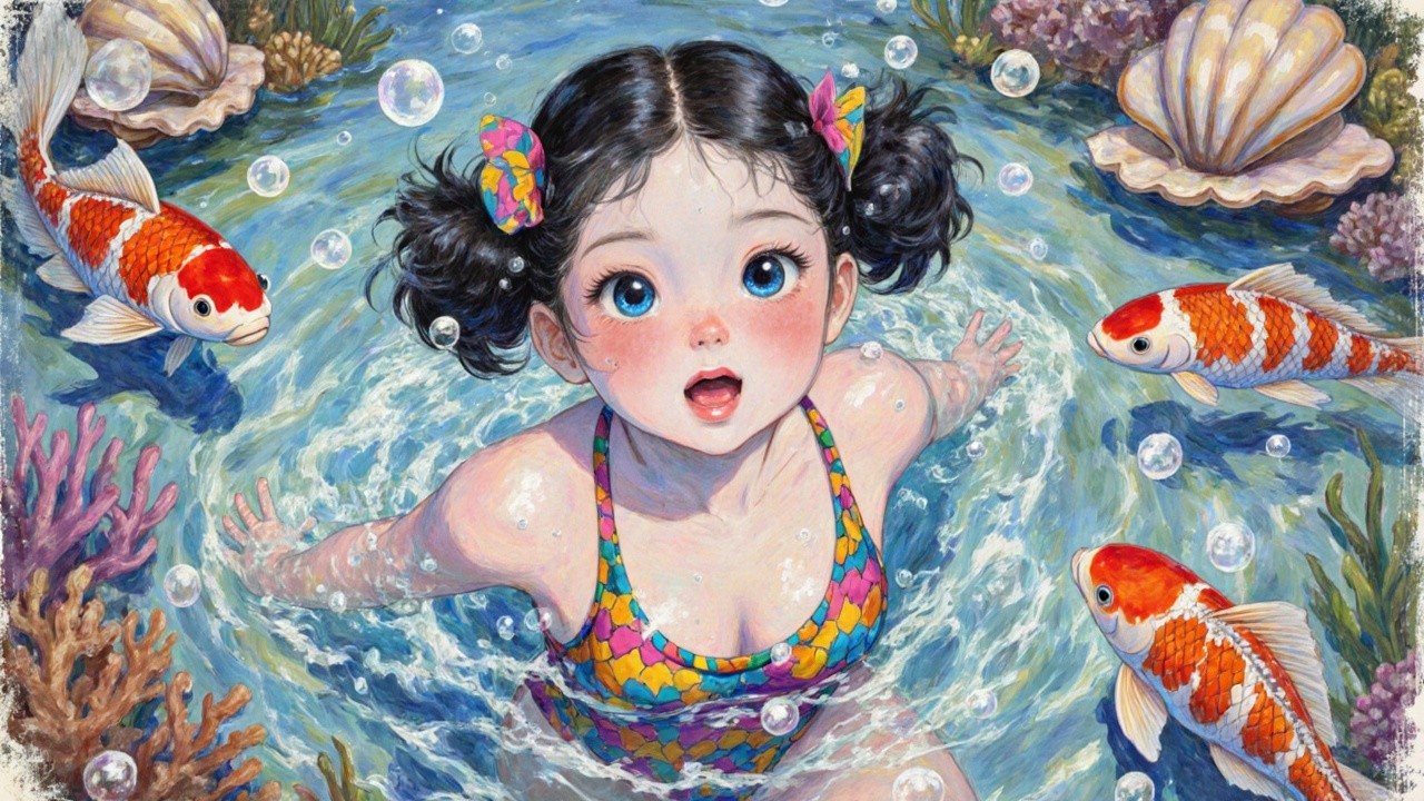 Young girl swimming with koi fish in clear water