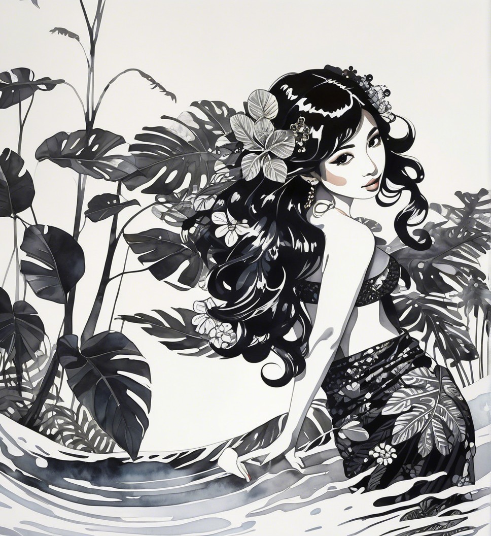 Graceful Woman in Tropical Foliage and Gentle Waves