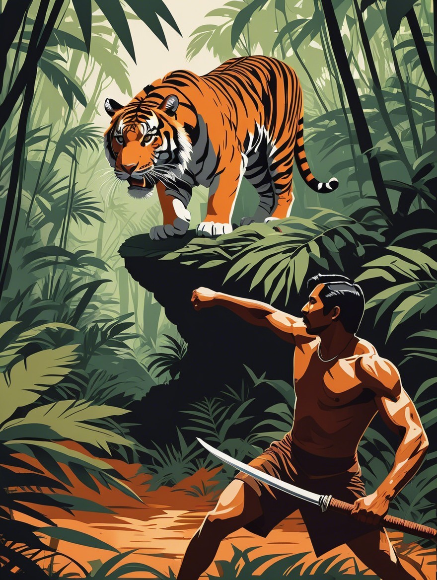 Muscular Man Faces Tiger in Dense Jungle Standoff