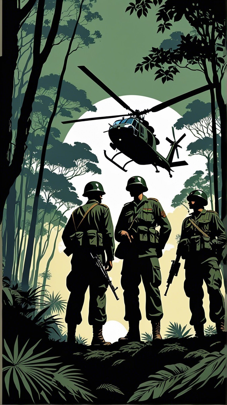 Three Soldiers in Jungle with Helicopter at Night