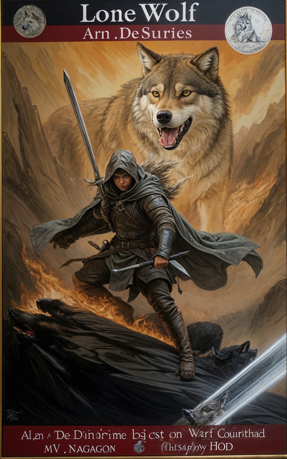 Heroic Figure in Dark Armor with Wolves and Rugged Landscape