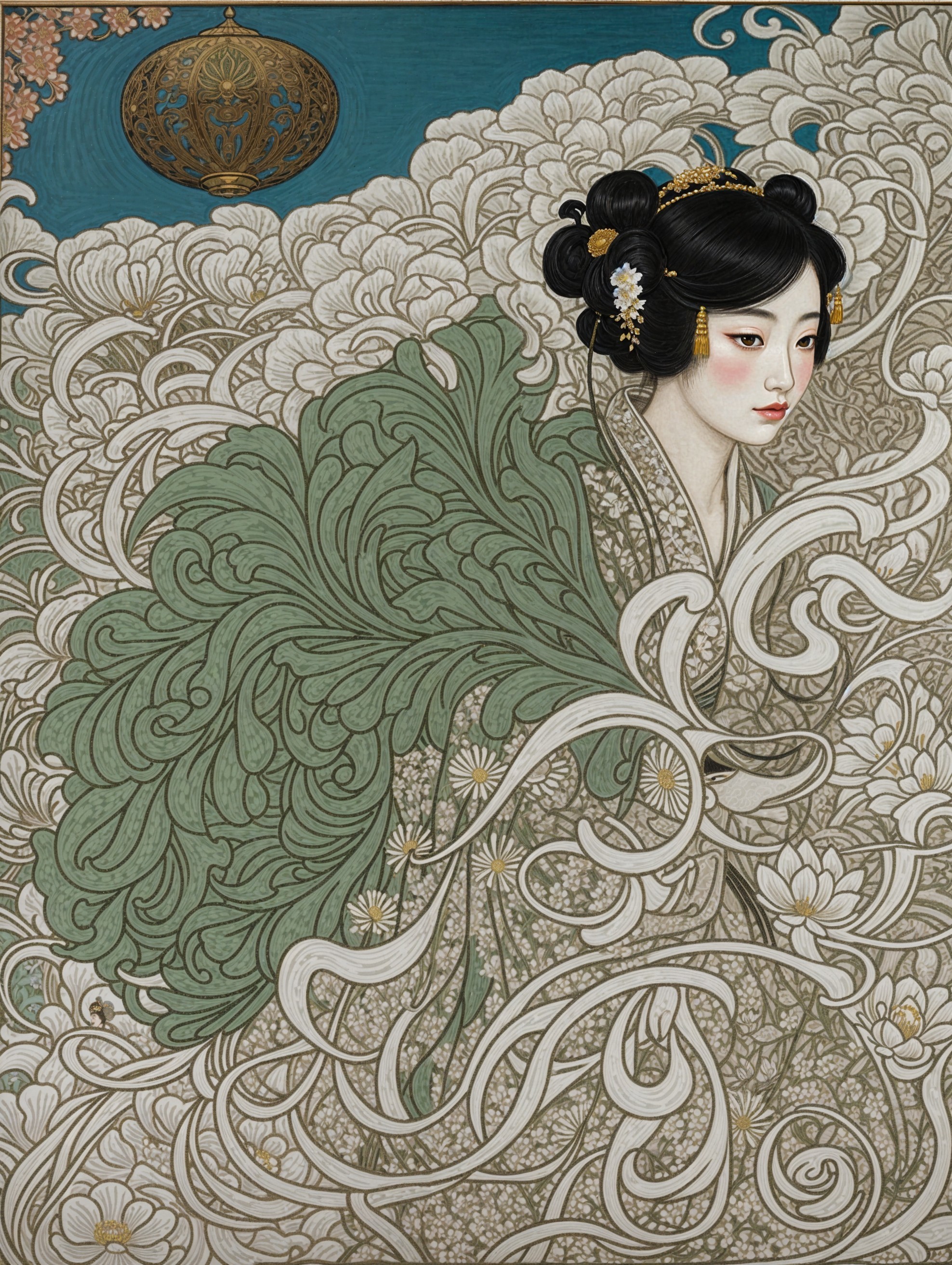 Graceful Woman in Kimono Surrounded by Floral Elements
