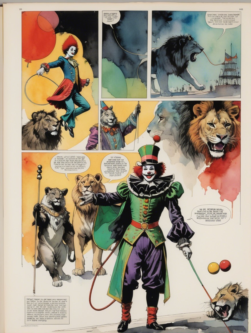 Comic Book Page with Clown and Lions in Colorful Scene
