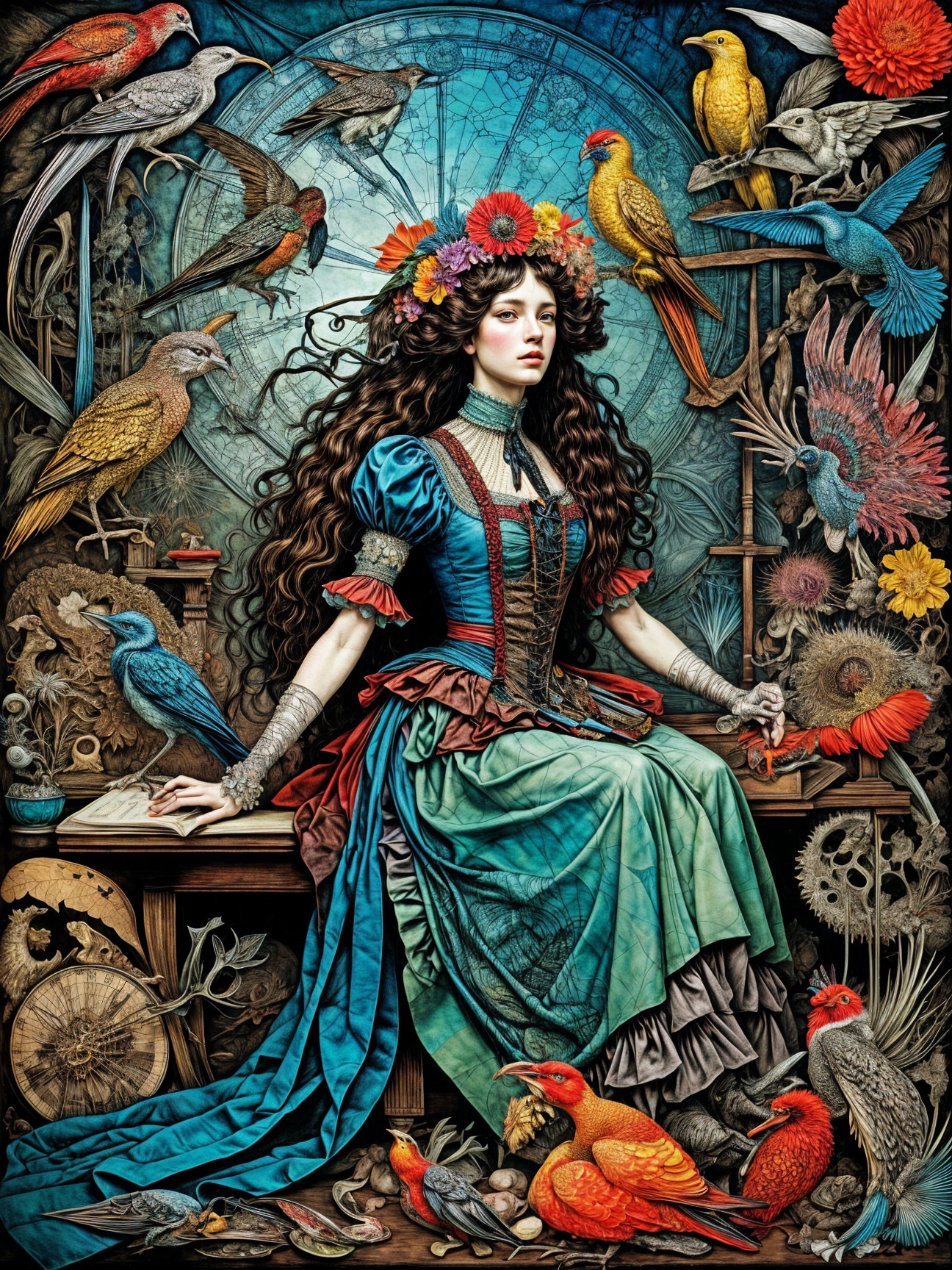 Woman in Colorful Gown Surrounded by Birds and Gears