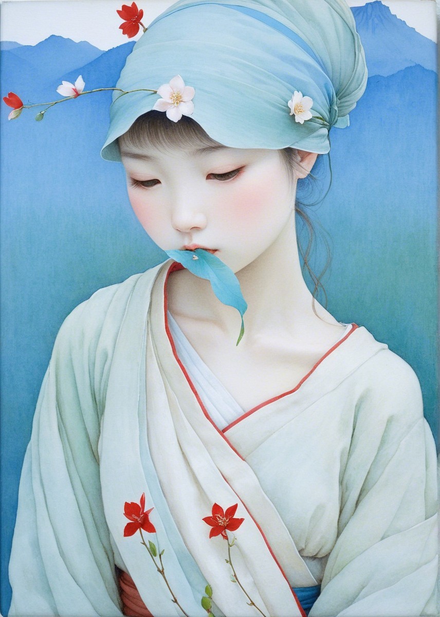Serene Portrait of a Young Woman with Floral Motifs