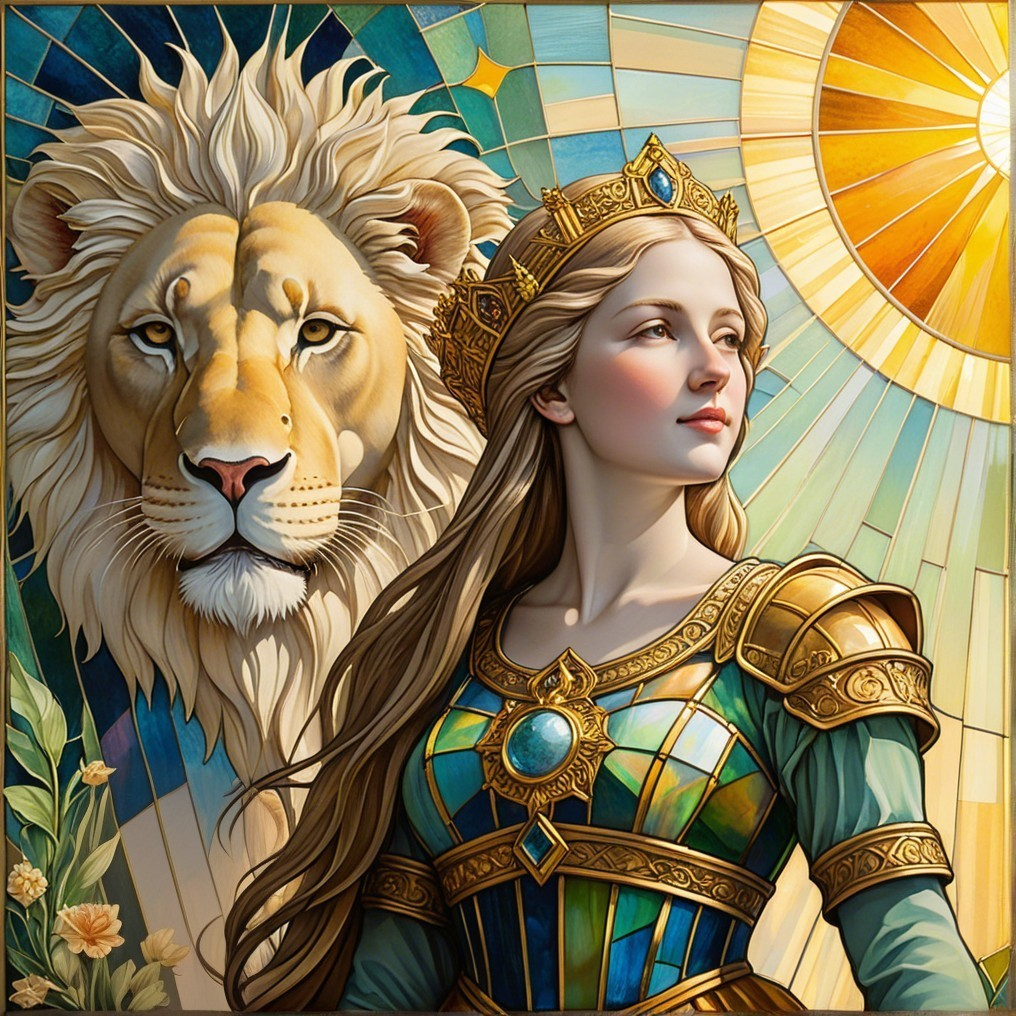 Regal Woman in Golden Armor with Majestic Lion