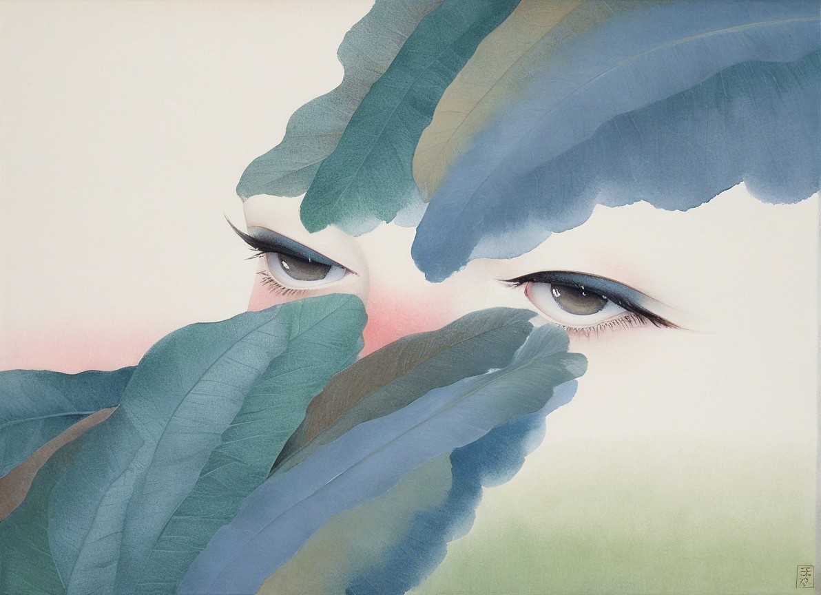 Close-Up of Serene Eyes Surrounded by Leaves