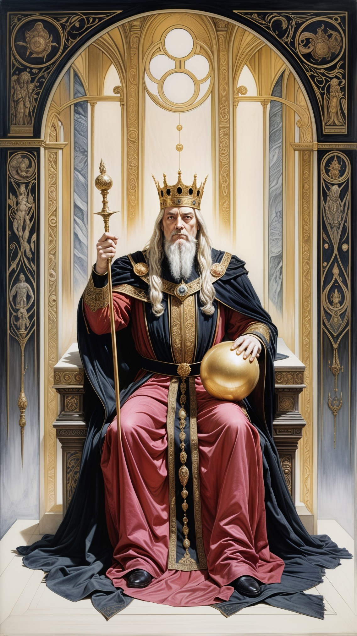 Regal figure on ornate throne with crown and scepter
