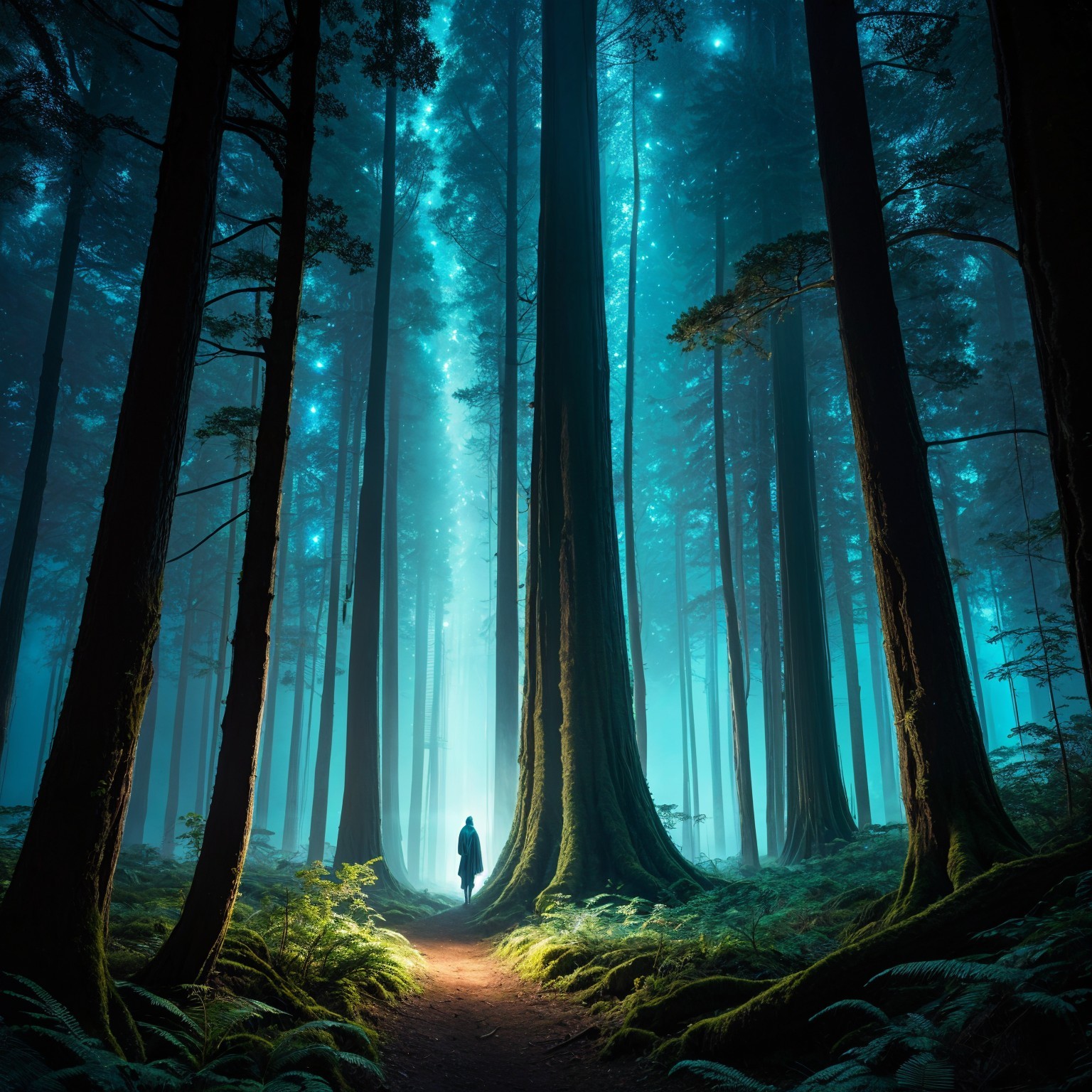 Mystical Forest Scene with Ethereal Blue Light