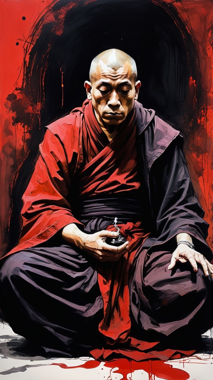 Monk in Meditative Pose with Symbolic Background