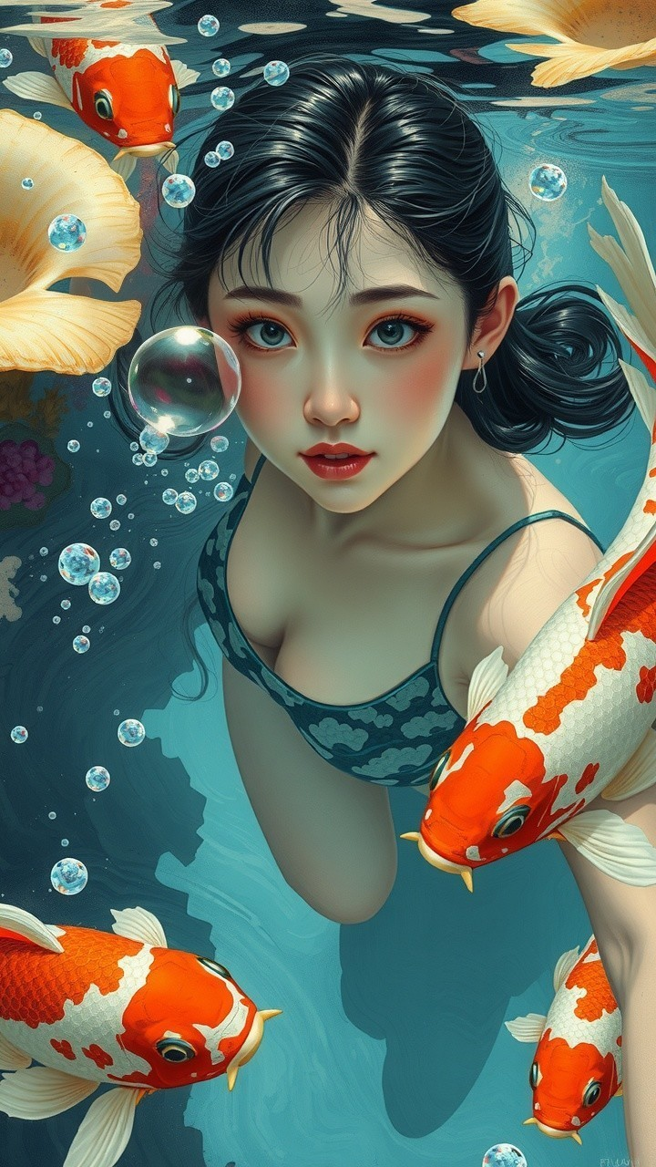 Underwater Scene with Woman and Koi Fish