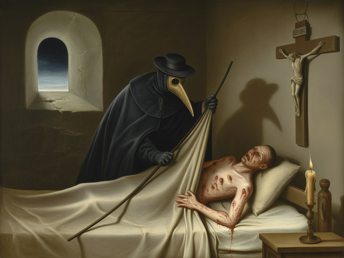 Cloaked Figure Examines Injured Man in Dim Chamber