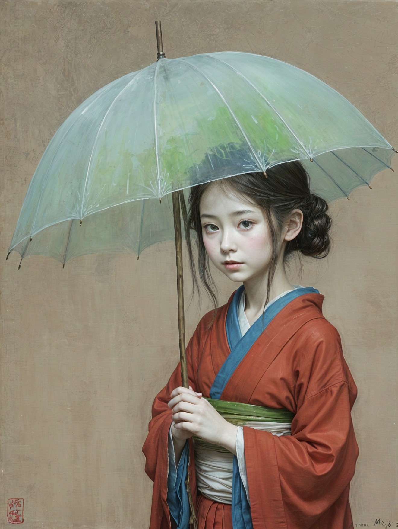 Young girl in kimono with umbrella in serene setting