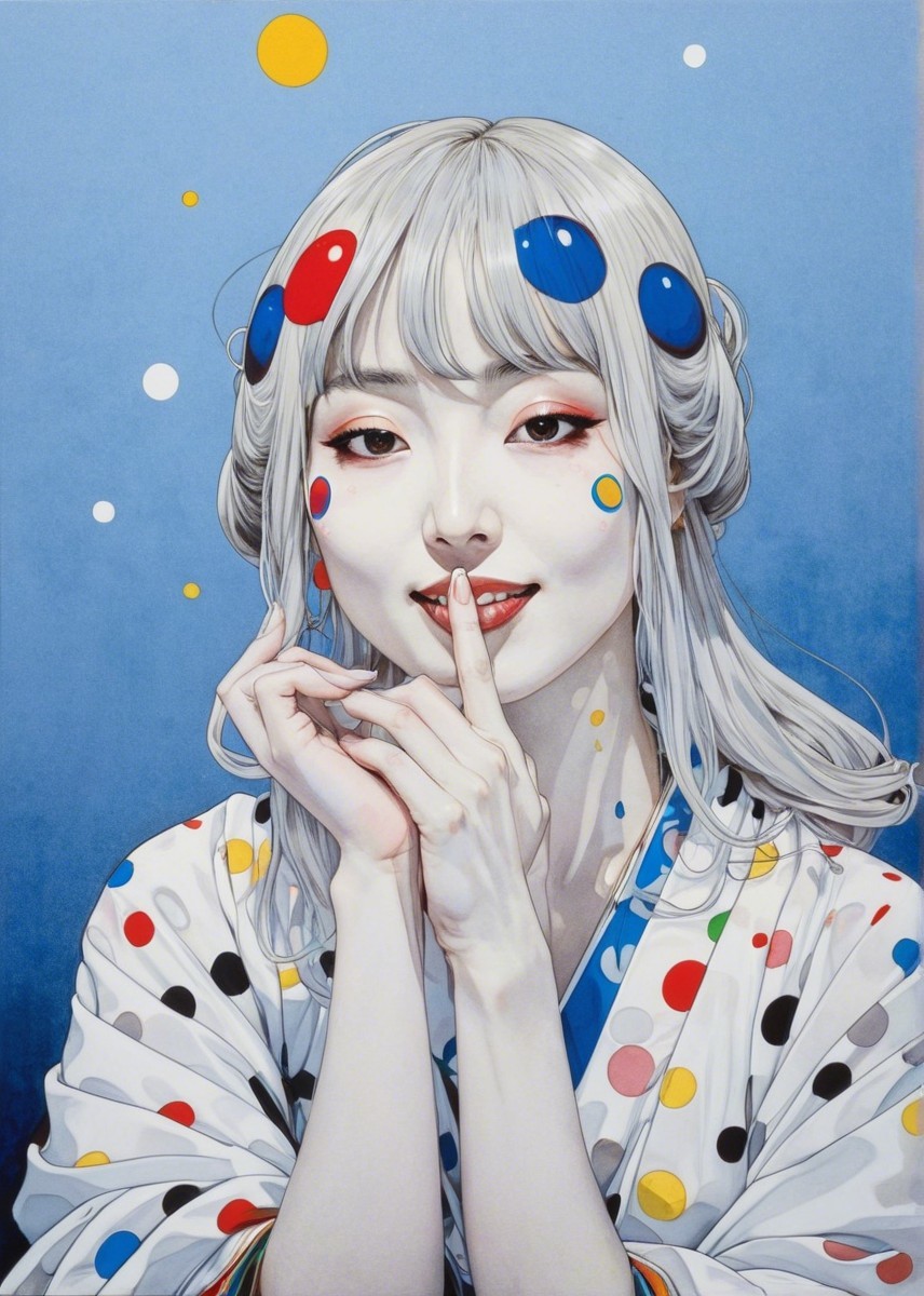 Young woman in colorful polka dot kimono against blue backdrop