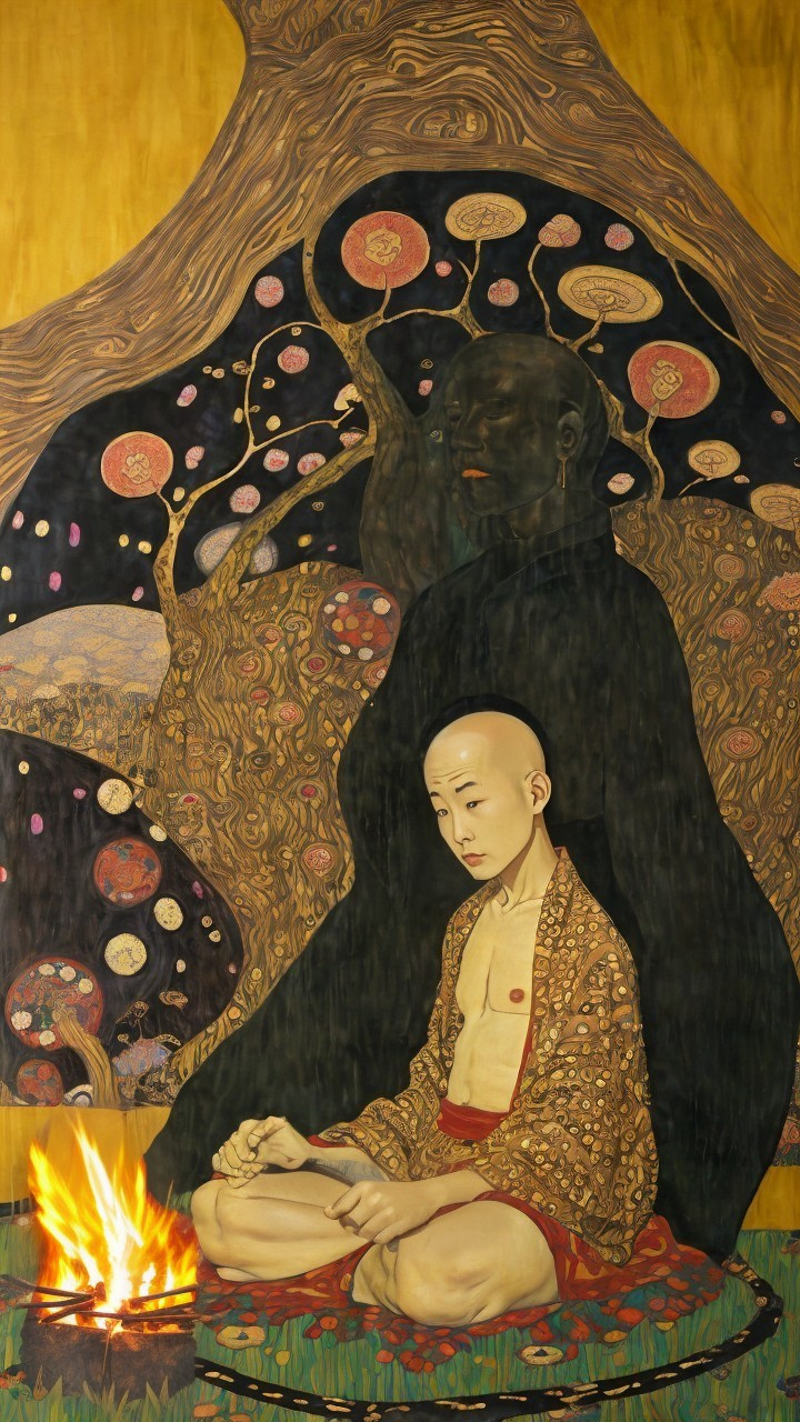 Serene Boy in Meditative Pose with Shadowy Figure