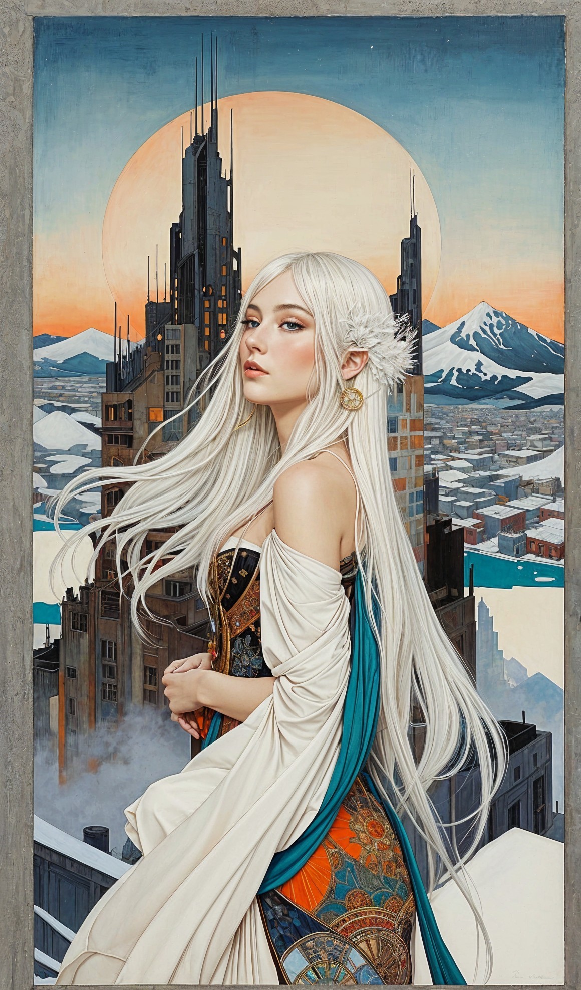 Young woman with white hair in futuristic setting